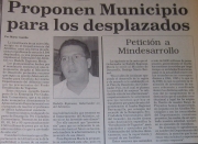 Proposal to build a municipality for violently displaced populations of the Caribbean. 1997, local press archives.